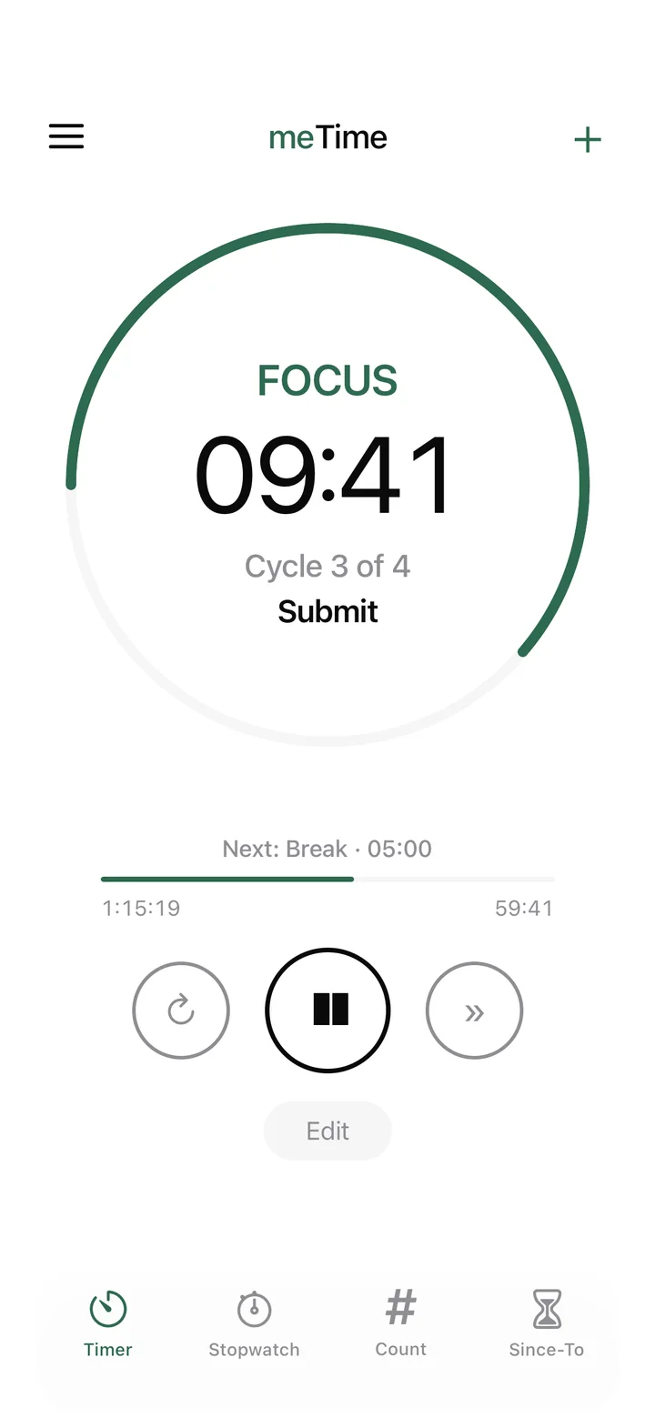 A focus timer in light mode with a green accent