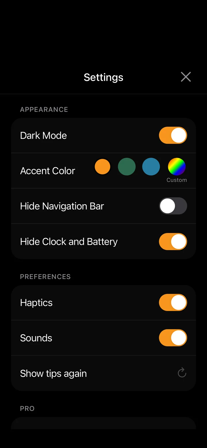 meTime settings: dark mode, accent colour, hide navigation bar, hide clock and battery, haptics and sounds
